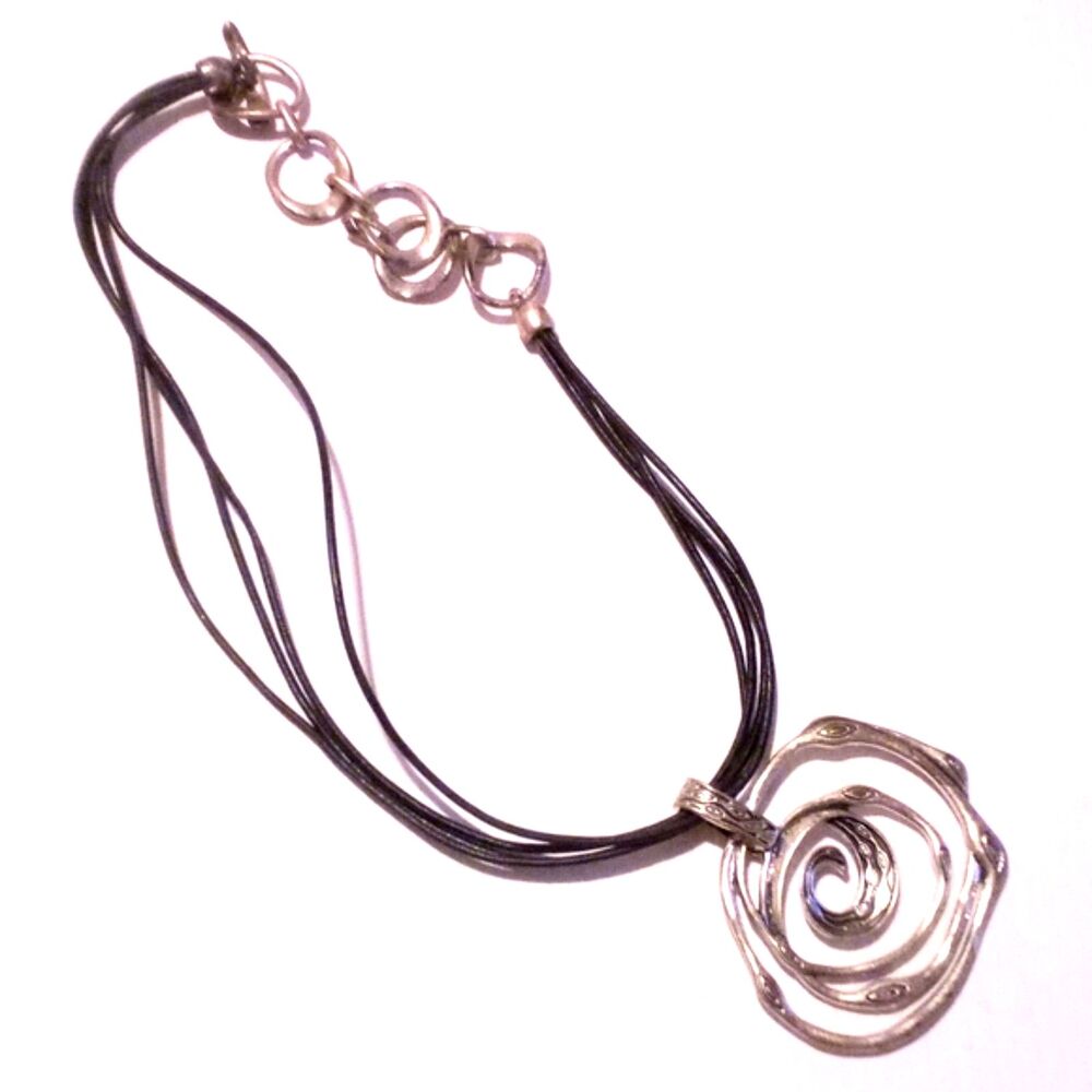 Premier Designs Silver Tone Swirl Circle Pendant Necklace Black Cord Necklace - Picture 5 of 5
